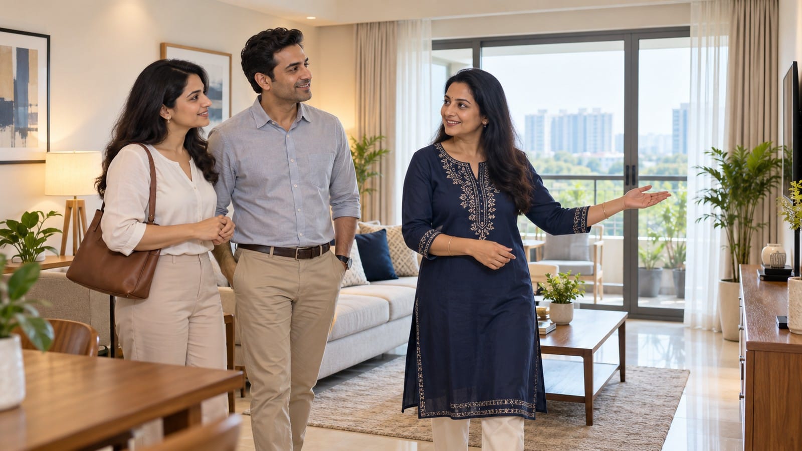 Indian homeowner accompanying prospective buyers through a neatly prepared apartment during a daylight viewing.