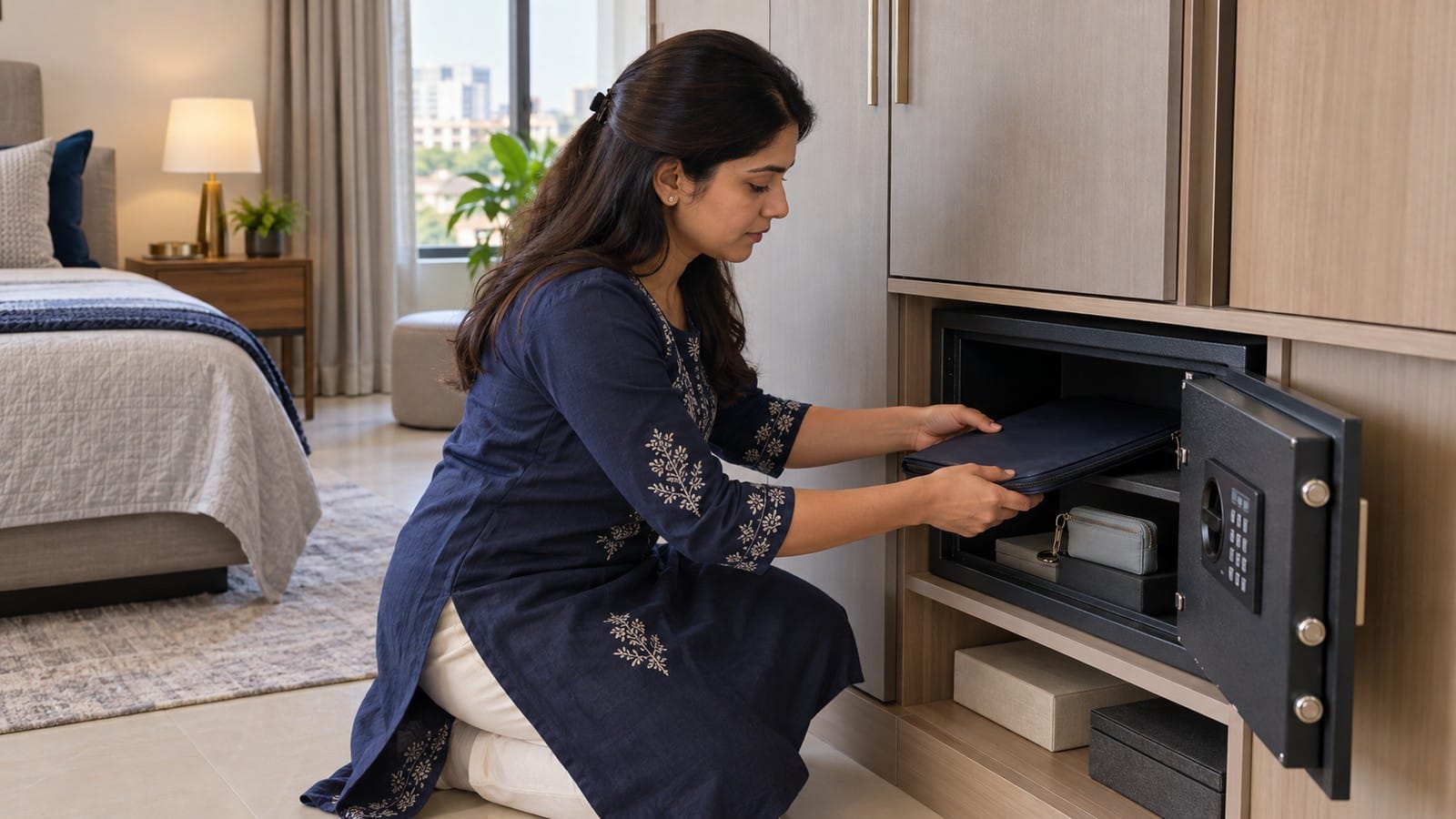 Indian homeowner securing personal documents and spare keys in a home safe before buyer viewings.