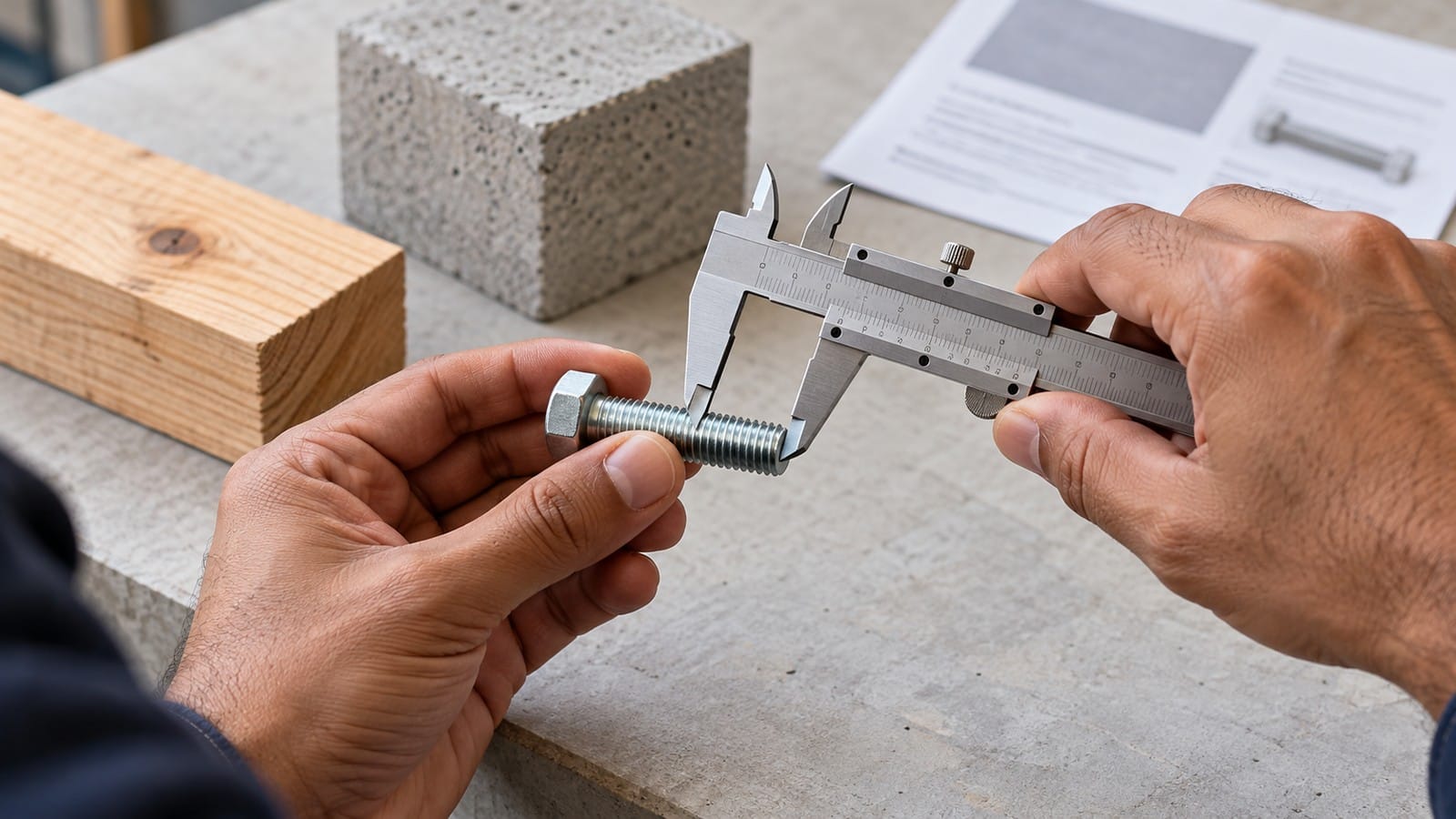 Hands checking a threaded bolt with a vernier caliper beside timber and concrete samples.