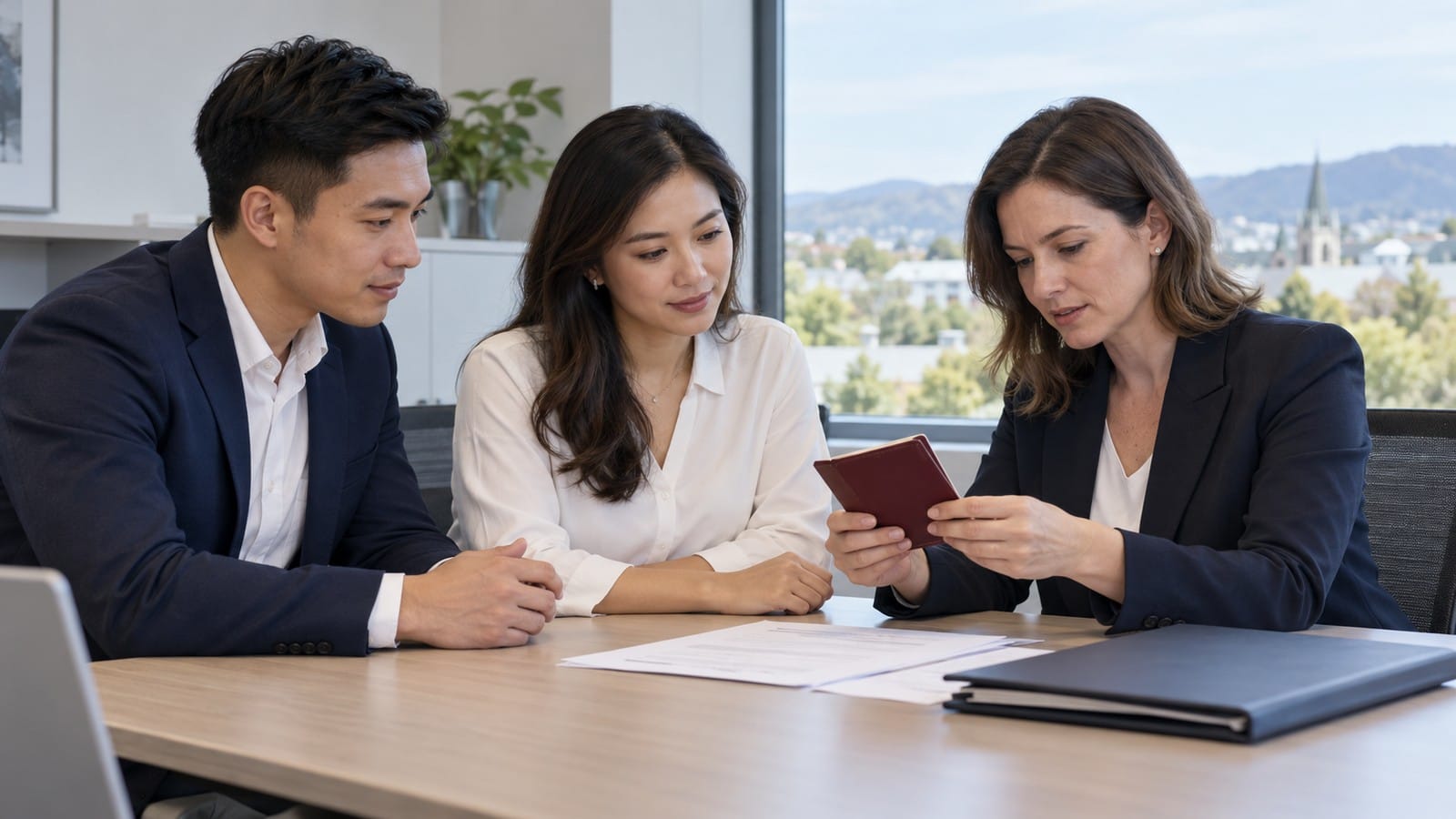 Singaporean buyers consulting a New Zealand property lawyer about citizenship documents and home-buying eligibility.