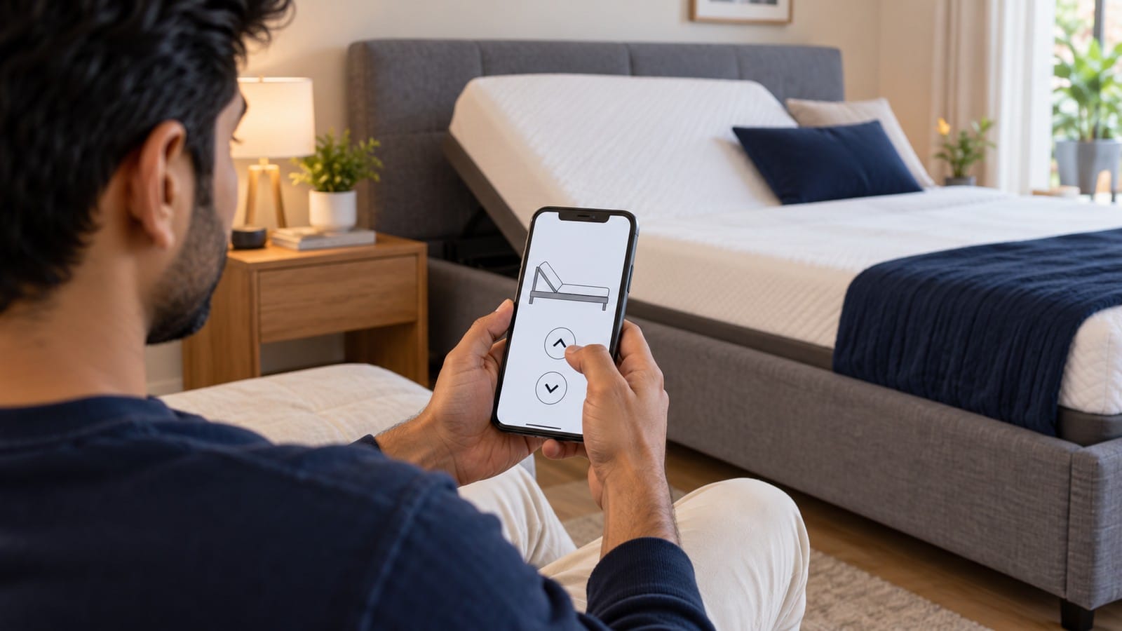 Smartphone position controls shown beside an adjustable bed in a modern Indian bedroom.