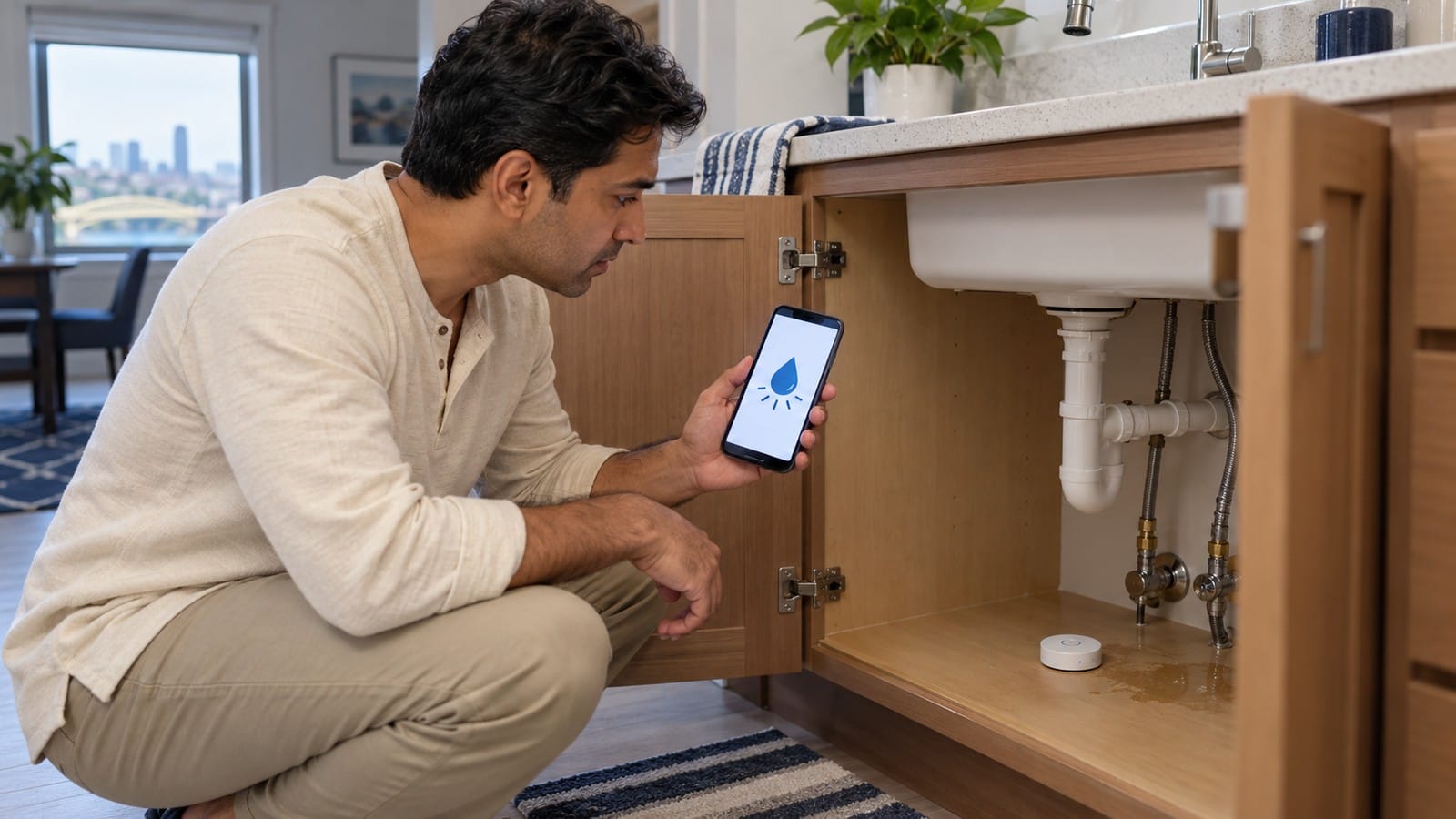 Indian-origin homeowner checking a smartphone alert beside a water-leak sensor under a sink.