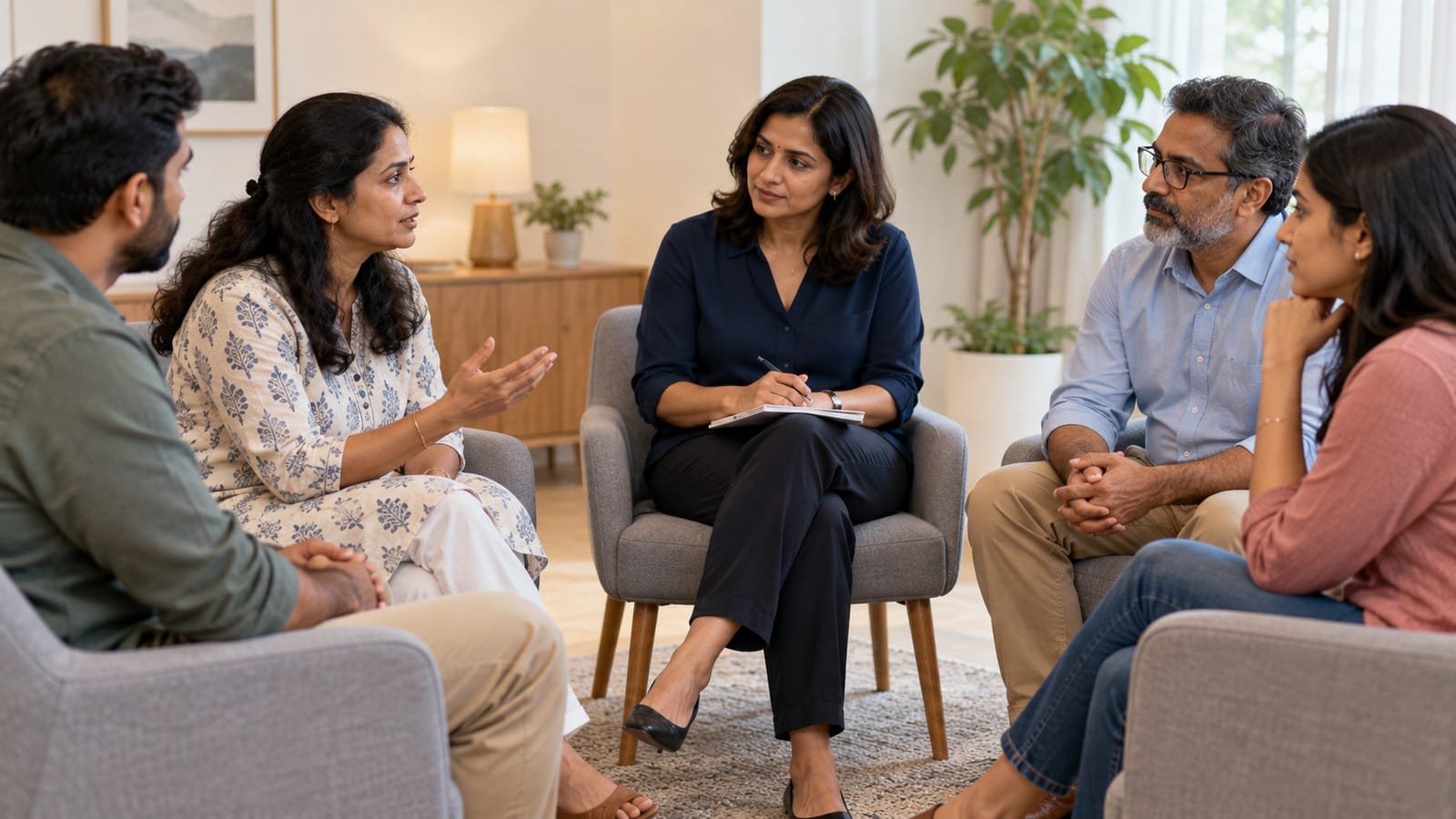 Indian adults sharing experiences during a small, professionally facilitated recovery-support group.