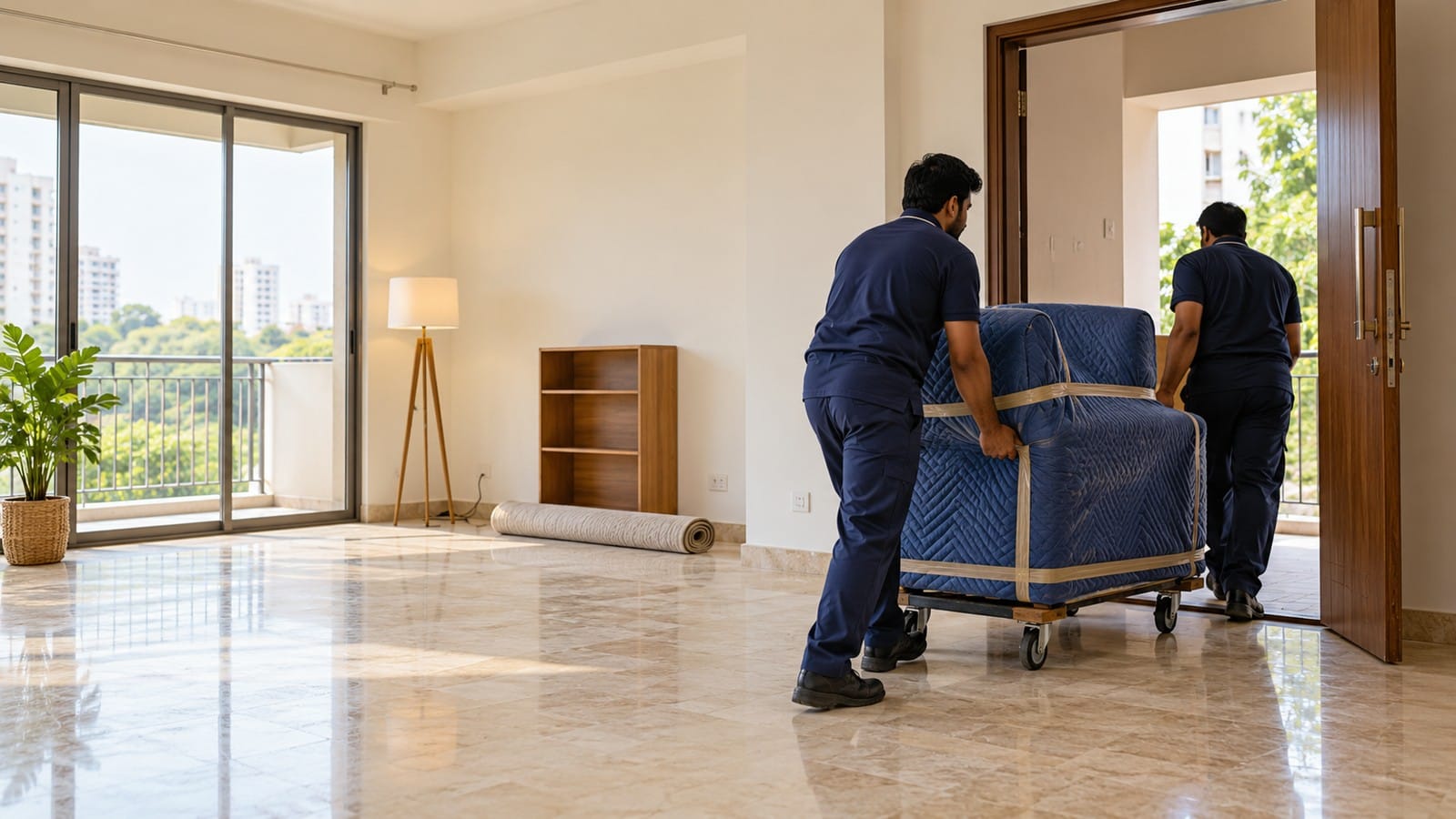 Movers transporting a protected armchair from an Indian apartment to clear space for renovation.
