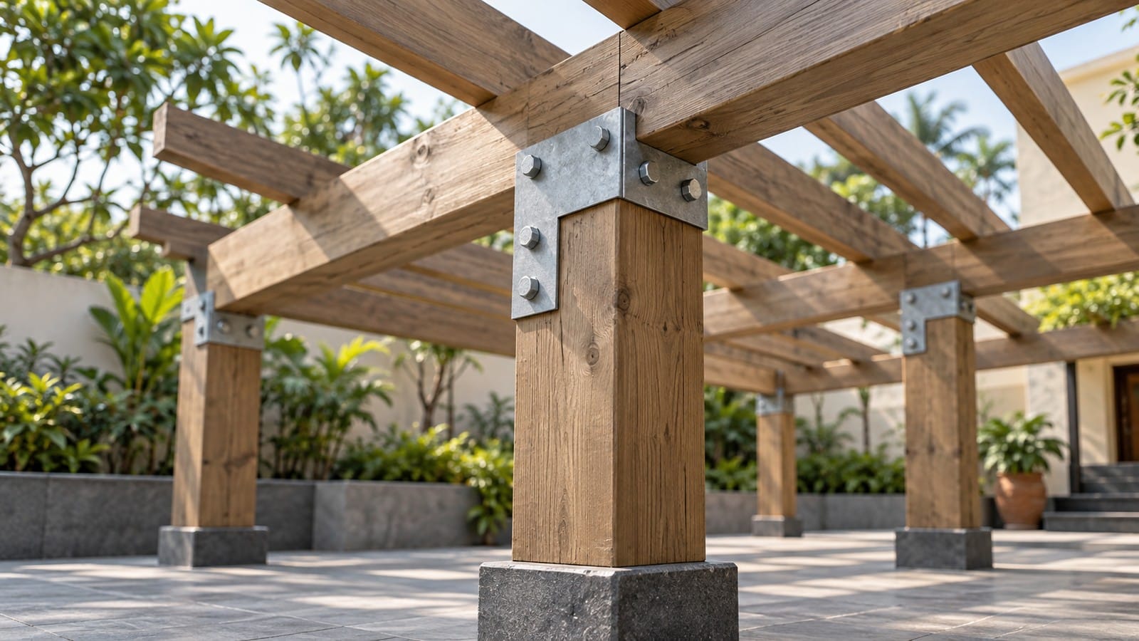 Bolted metal connectors joining timber posts and beams in a courtyard pavilion frame.