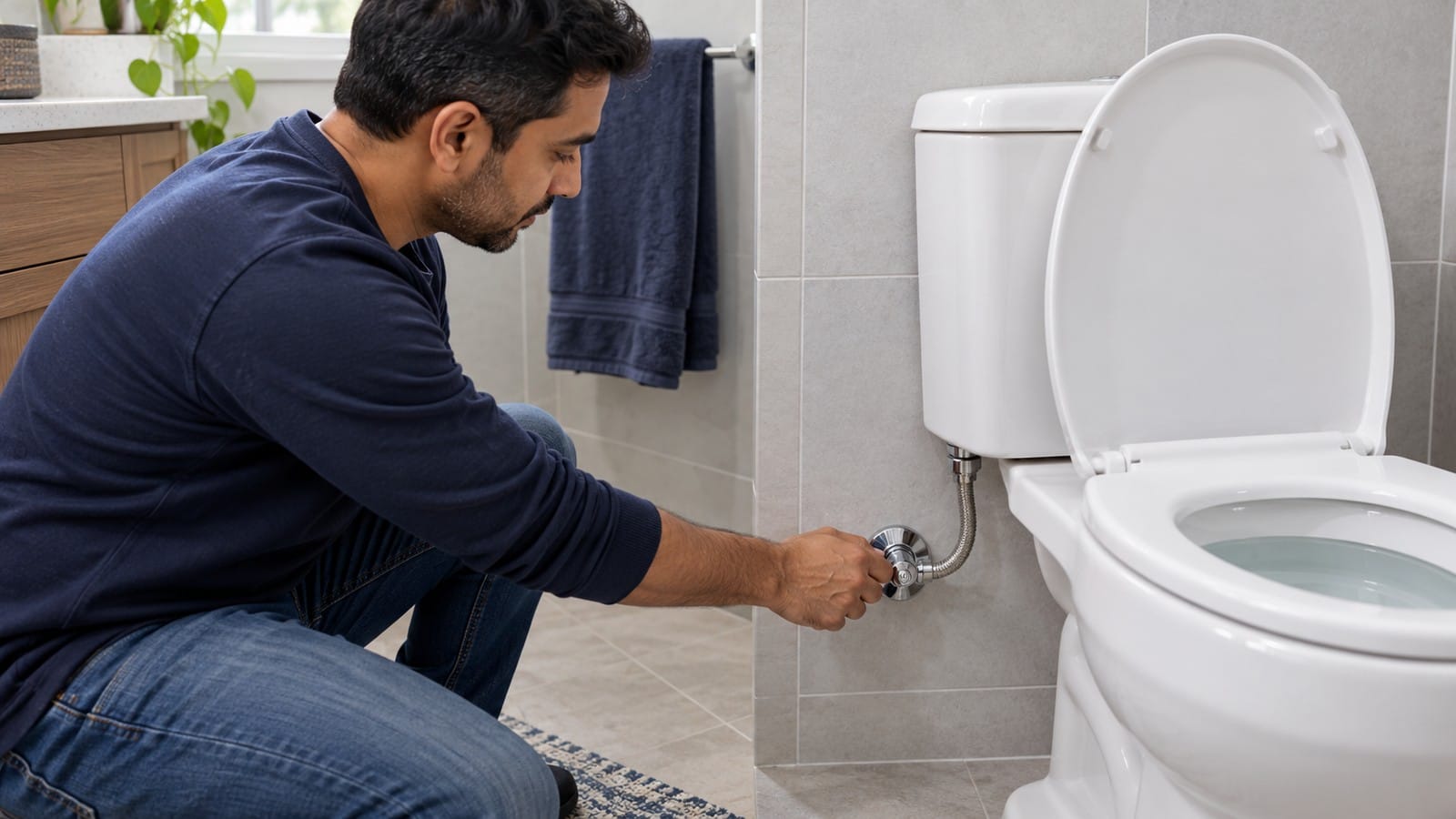 Indian-origin homeowner turning off a toilet’s water supply valve during a plumbing problem.