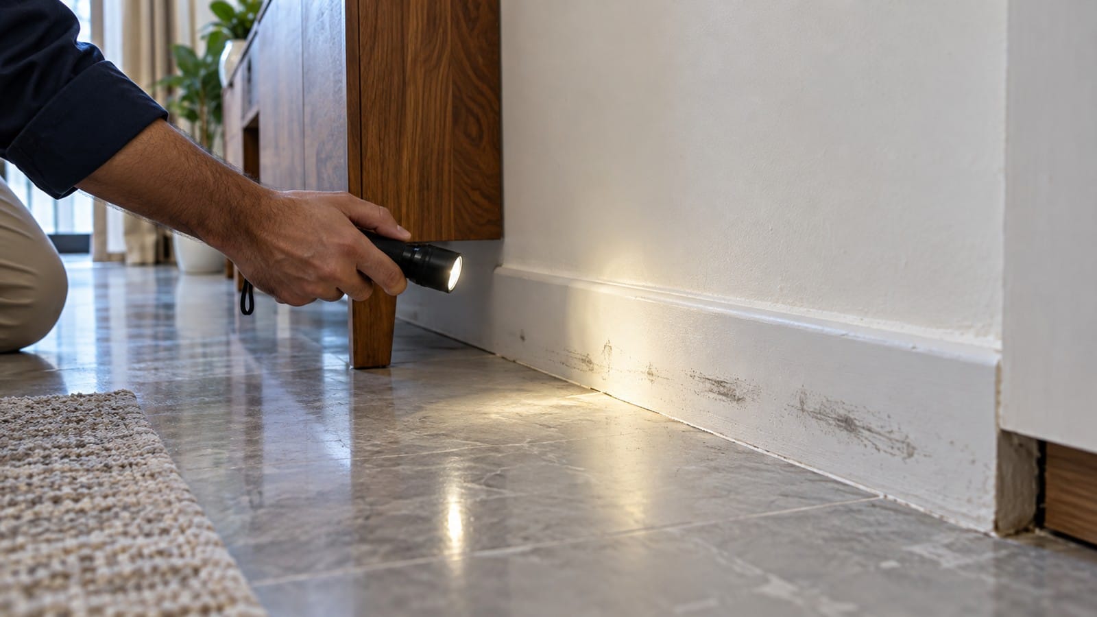 Flashlight illuminating unexplained dark smudges along a baseboard behind furniture during a home inspection.