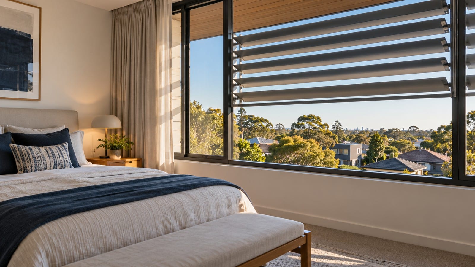 External window louvres shading an upper-storey bedroom from afternoon sunlight.