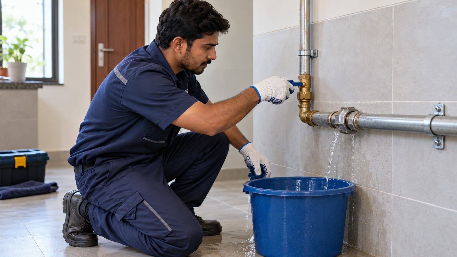 Indian plumber isolating the water supply while containing a leaking pipe connection.