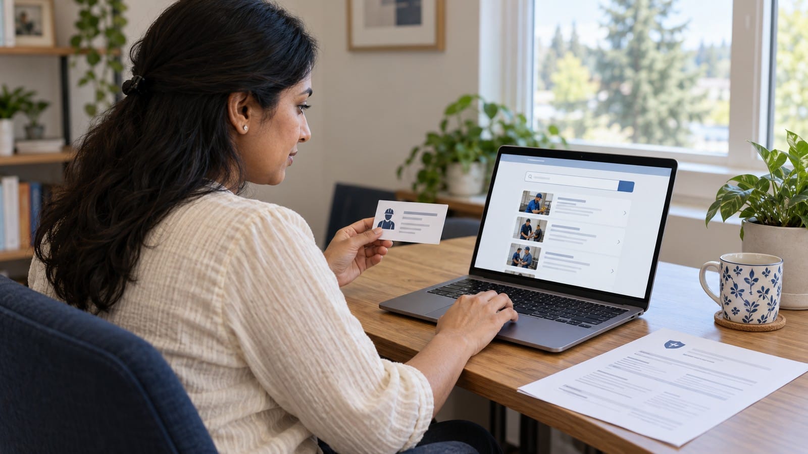 Indian-origin homeowner cross-checking contractor information online before hiring a plumber.
