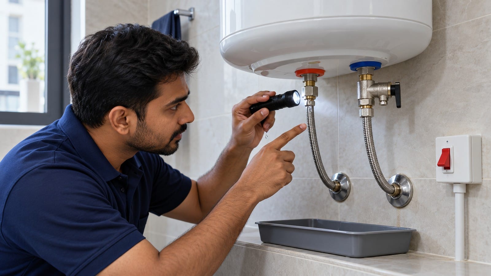 Technician examining a water-heater hose connection with a flashlight for signs of leakage.