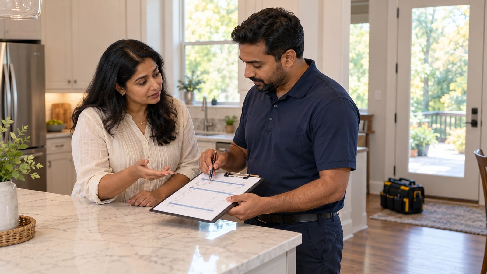 Homeowner and technician reviewing an itemised water-heater repair estimate to clarify the proposed work and costs.