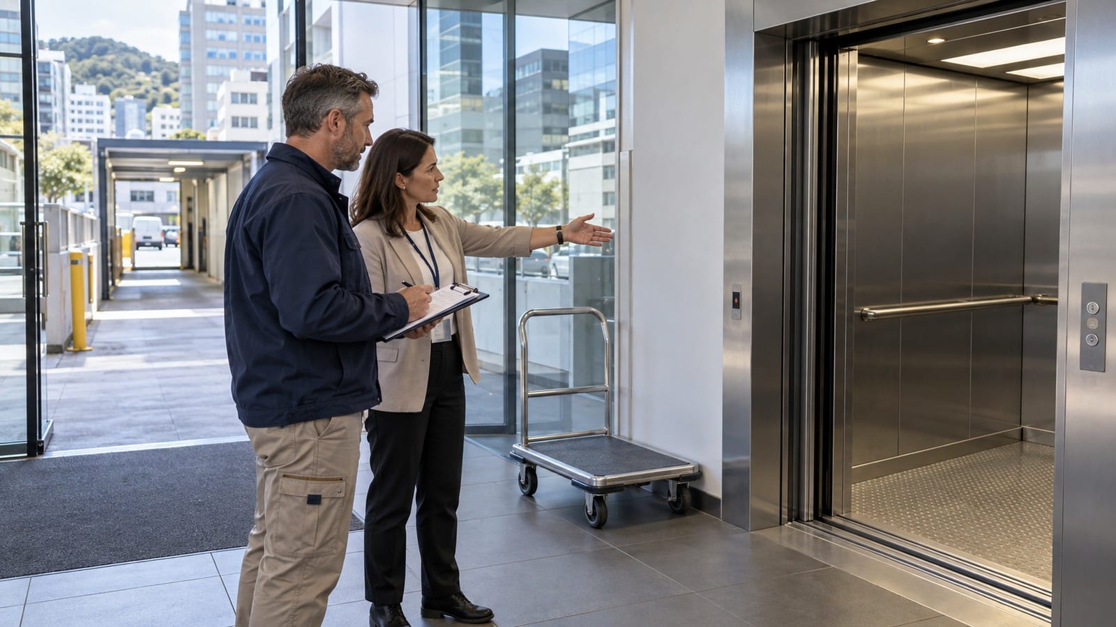 Commercial painting contractor assessing lift access and a loading entrance in a Wellington office building before quoting.