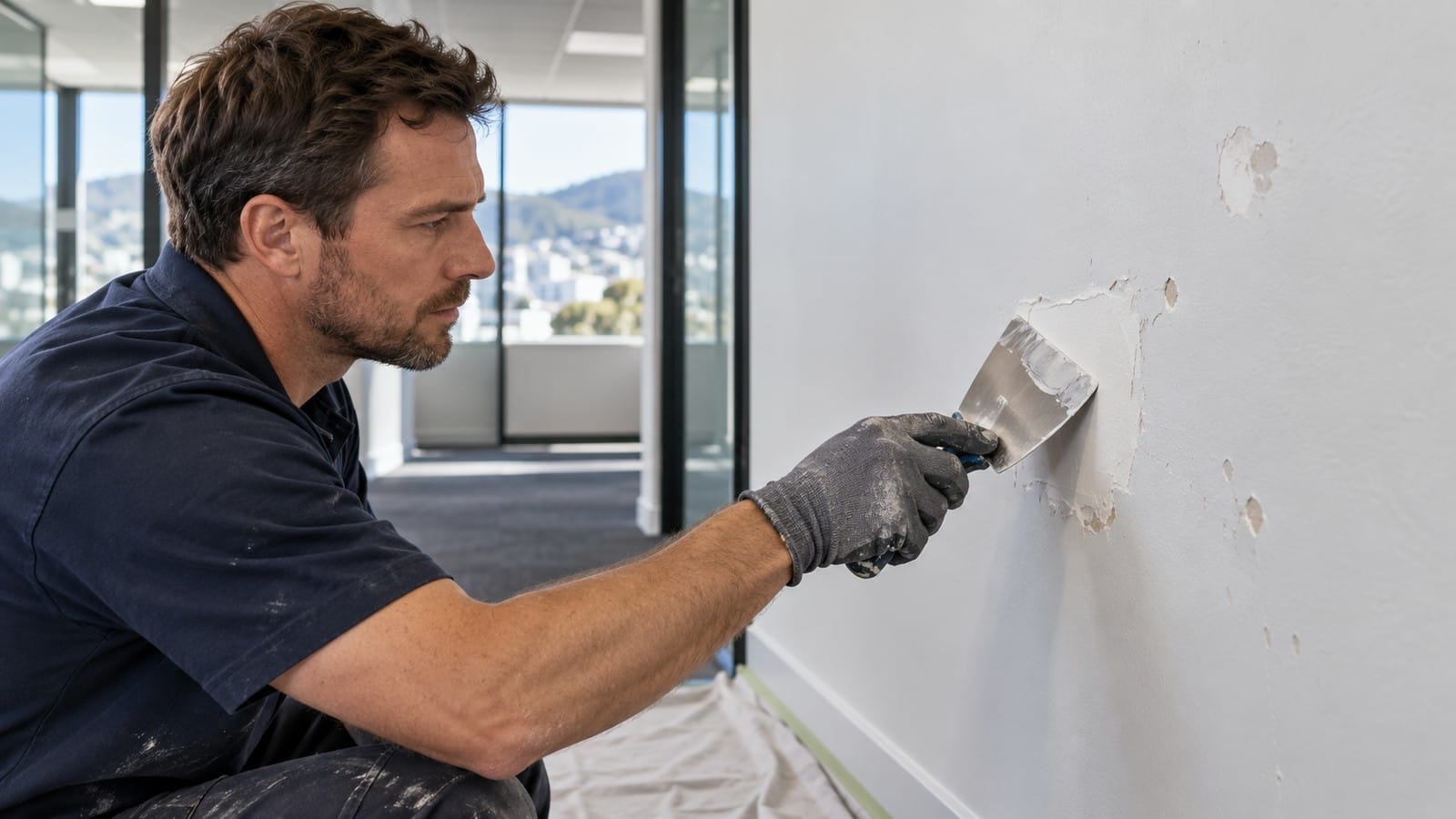 Commercial painter repairing damaged office plaster before painting to create a smooth, consistent finish.