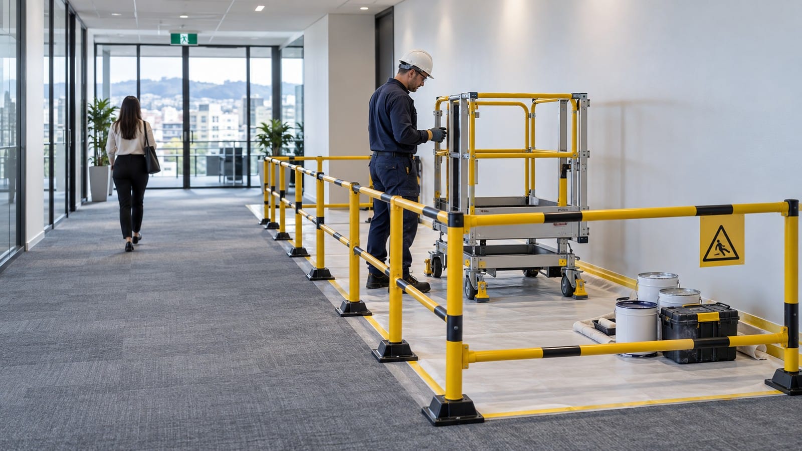 Office painting safety zone with barriers, secured equipment and a clear pedestrian walkway.