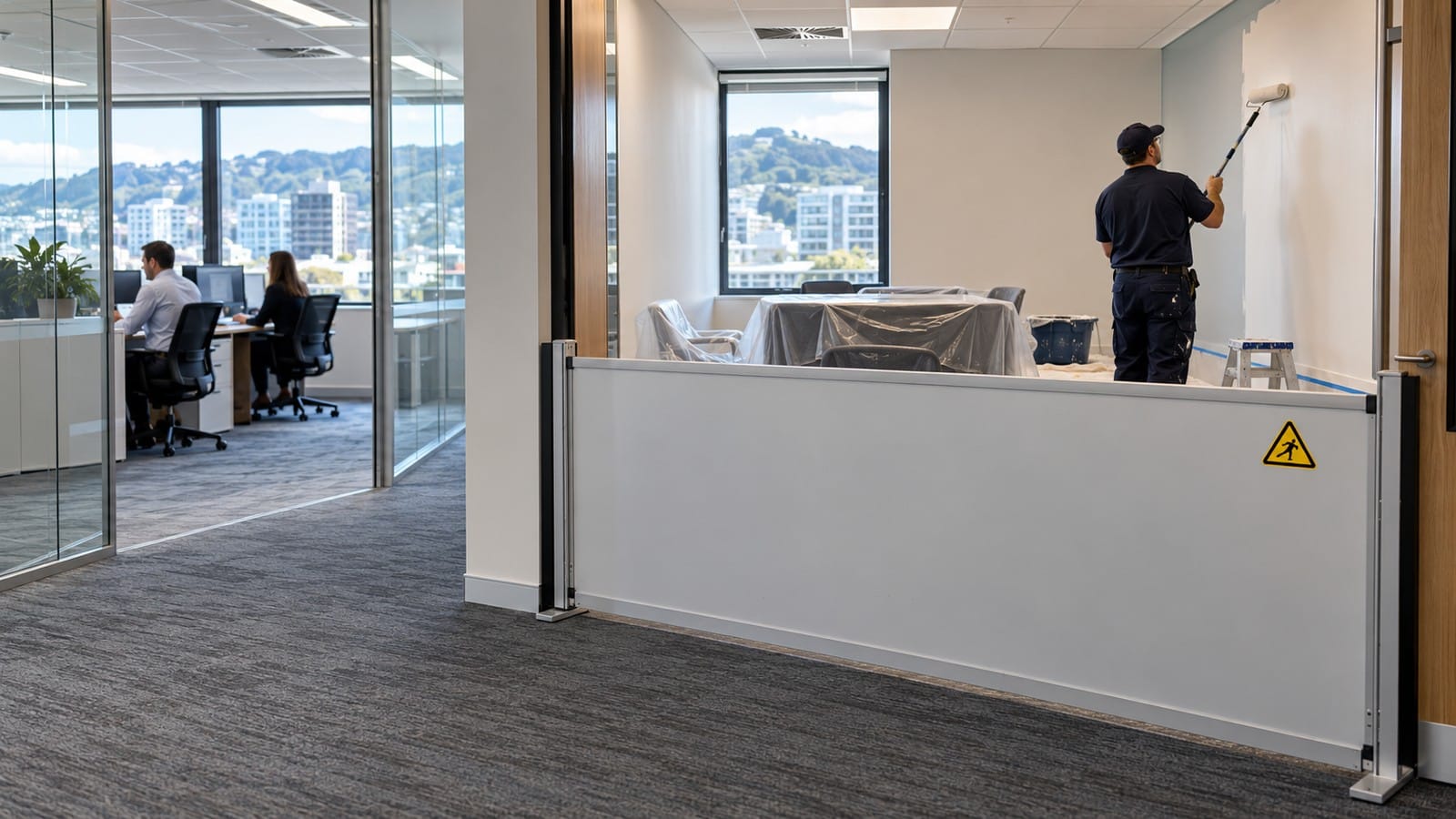 Contained office painting area with barriers and protected furniture beside staff working in a separate office.