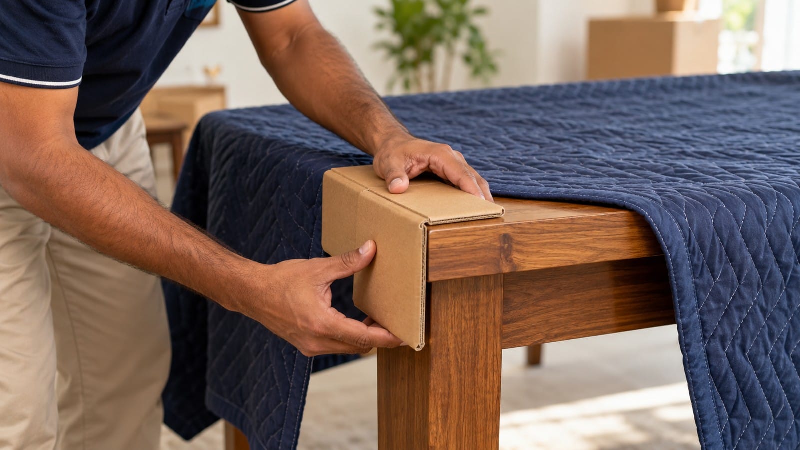 Mover fitting a cardboard corner protector to a wooden table covered with a moving blanket.
