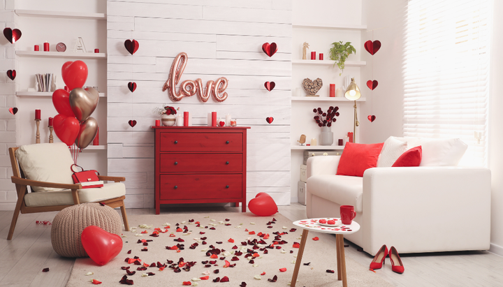 House decorated in red and white for Valentine's day