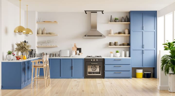 Modular Kitchen Interior with Blue Cabinets