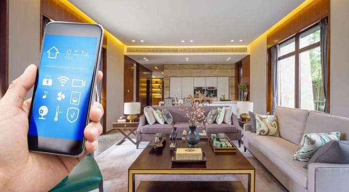 Smart Phone and Smart Home with Modern Living Room