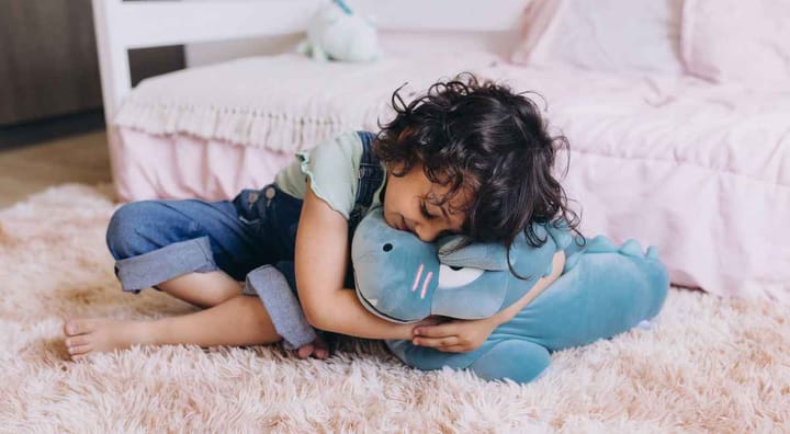 A kid hugging her soft toy