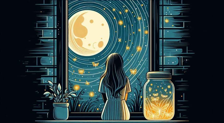 Image of a girl looking at the moon and with a bottle of fireflies to heal from her emotional trauma