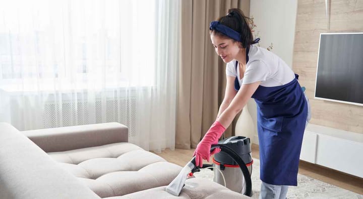 Woman cleaning sofa with a vacuum