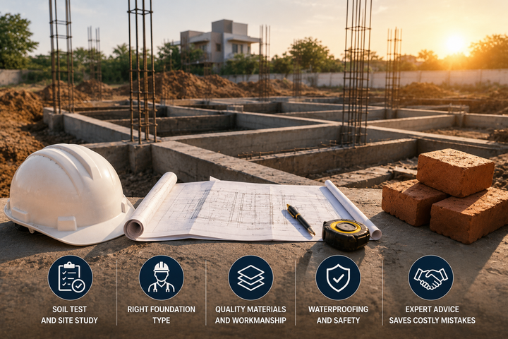 New home foundation under construction with concrete footings, steel rebar, building plans, hard hat and bricks, highlighting key foundation planning factors.