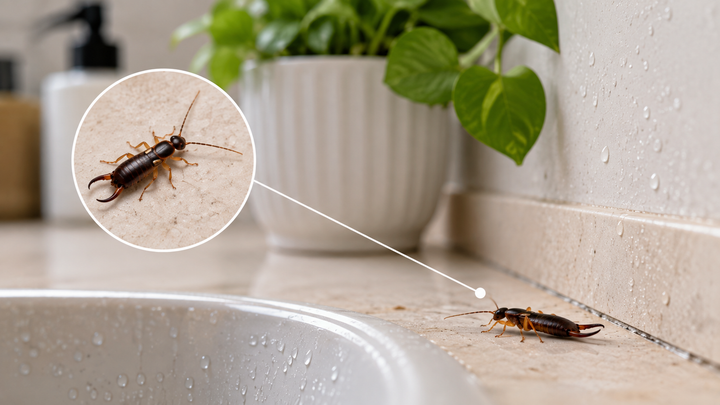 Close-up of an earwig near a damp indoor surface, highlighting its pincers and why it is an unwelcome but generally harmless houseguest