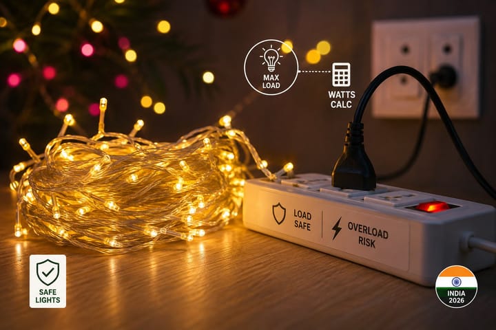 Fairy lights load safety in India 2026 with power strip, wattage calculation, and overload protection