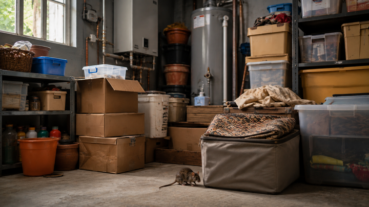 Cluttered household storage area with stacked boxes, bins and fabrics where a mouse is partially hidden, illustrating concealed pest activity