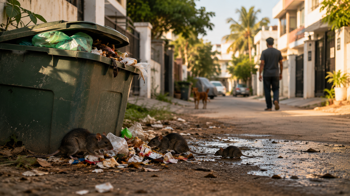 Residential neighborhood with overflowing waste, standing water, and rats, showing how surrounding conditions can increase pest pressure around nearby homes