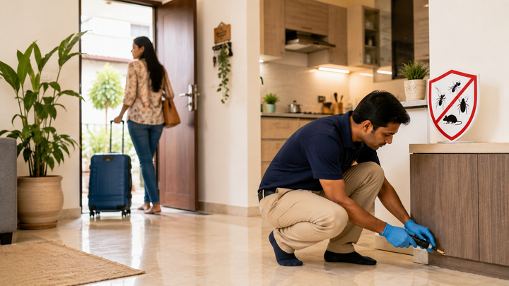 Indian homeowner prepares a modern home for vacation by checking and treating pest-prone areas before leaving with luggage