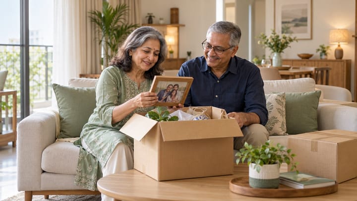 Indian couple unpacking a family photo in their smaller new home, illustrating a smooth move and comfortable downsizing