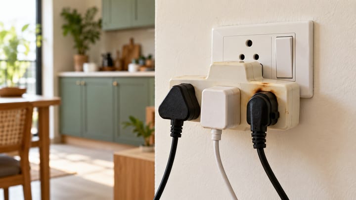 Overloaded multi-plug adapter with heat damage in a modern Indian home, highlighting common homeowner electrical mistakes.