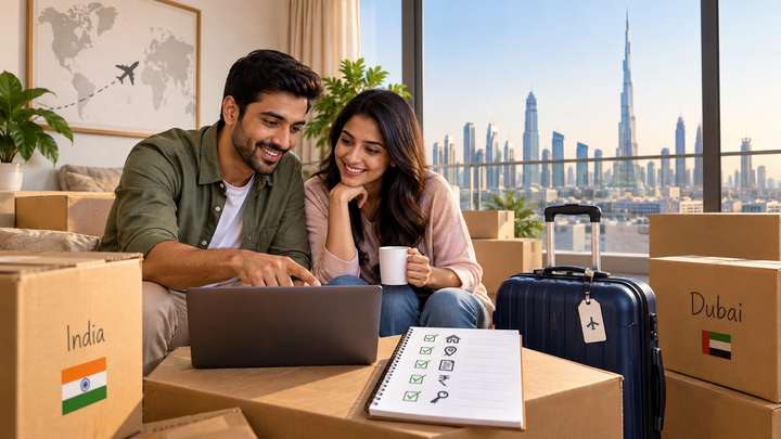 Indian couple planning a move from India to Dubai, reviewing an apartment-hunting checklist with moving boxes and Dubai skyline.