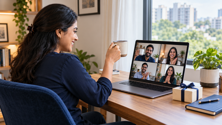 Indian remote professional celebrating a career milestone with colleagues on a video call.