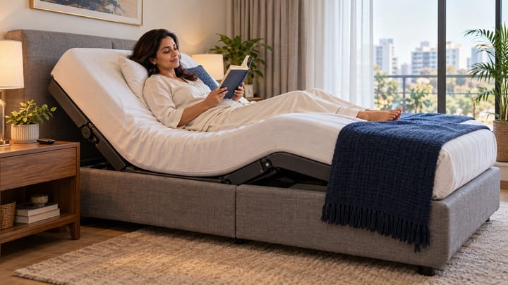 Indian woman reading on an adjustable bed with a raised backrest and leg section in a modern bedroom.