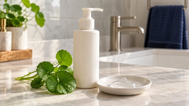 Unbranded gel cleanser beside cica leaves on a clean bathroom vanity.