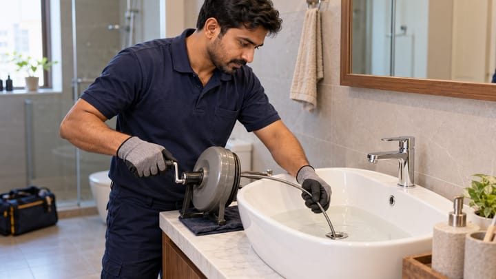 Indian plumber using a manual drain-cleaning cable to clear a blocked bathroom basin.