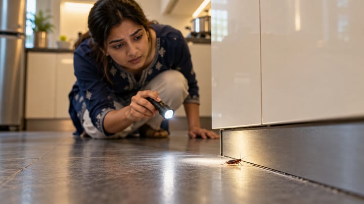 Indian homeowner inspecting a cockroach near a kitchen cabinet with a flashlight for early signs of a pest problem.