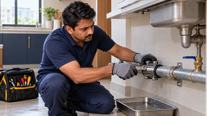 Indian emergency plumber fitting a repair clamp around a leaking pipe in a home kitchen.