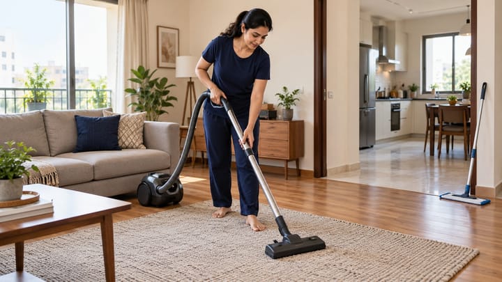 Indian homeowner vacuuming a rug, with a microfiber mop nearby for hard-floor cleaning.