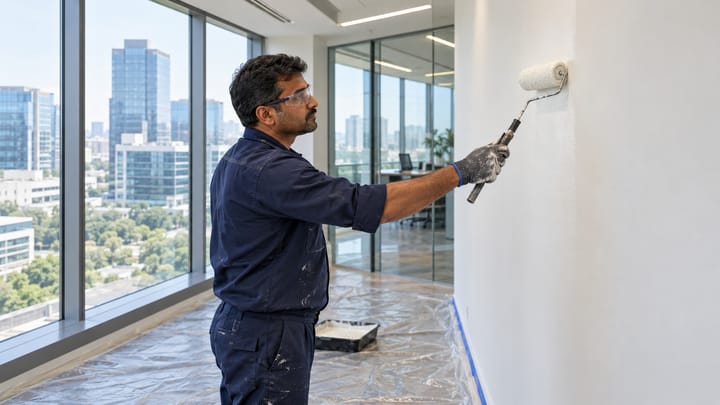 Experienced Indian commercial painter applying a smooth wall finish inside a modern office tower with floor-to-ceiling windows