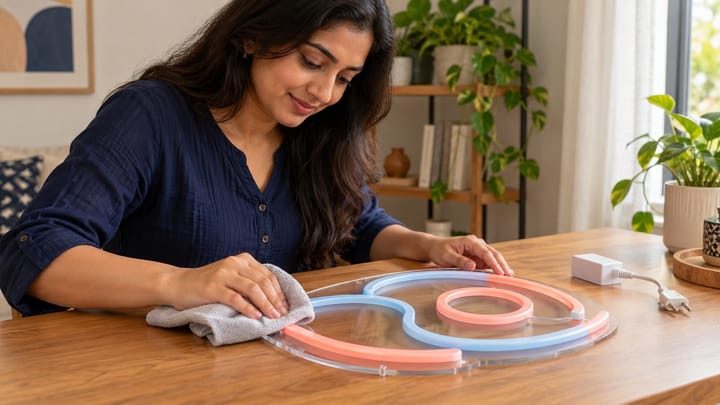Indian homeowner gently cleaning an unplugged LED neon sign with a dry microfiber cloth