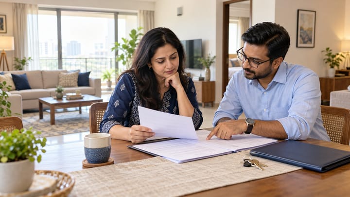 Indian homeowner reviewing property-sale documents with an adviser in a neatly prepared home to help avoid buyer scams.