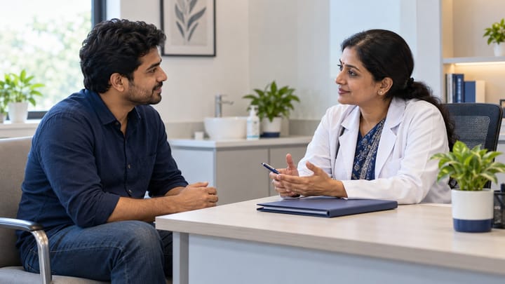 Indian patient discussing professional support with a physician in a calm clinical consultation.