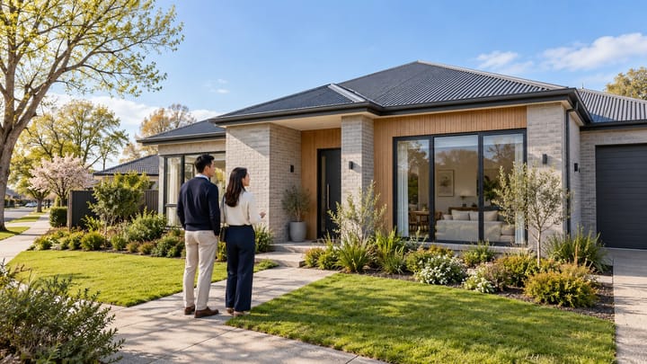 Singaporean couple viewing a contemporary Christchurch home with a landscaped front garden.