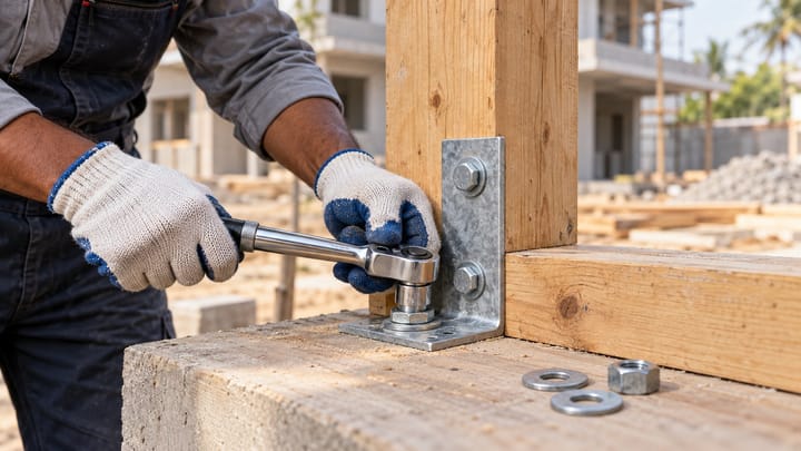 Worker checking a bolted construction bracket with a socket wrench, highlighting small connection components.