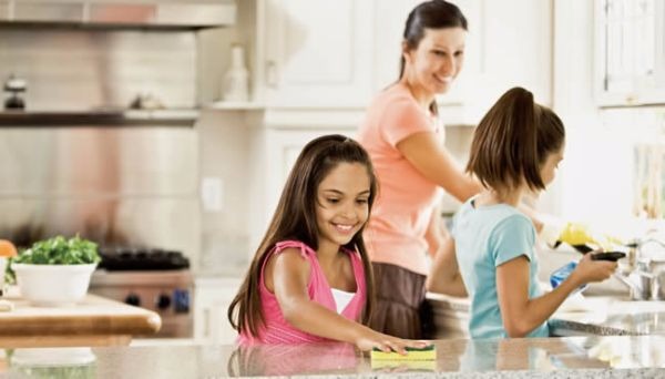 kids helping their mother clean